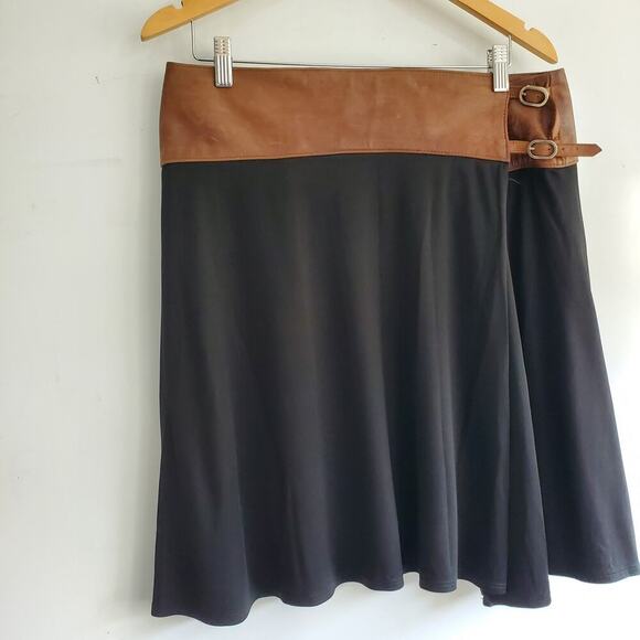 Anja Flint Skirt Black Silk Lining Belt Brown Leather Size L - Picture 1 of 9